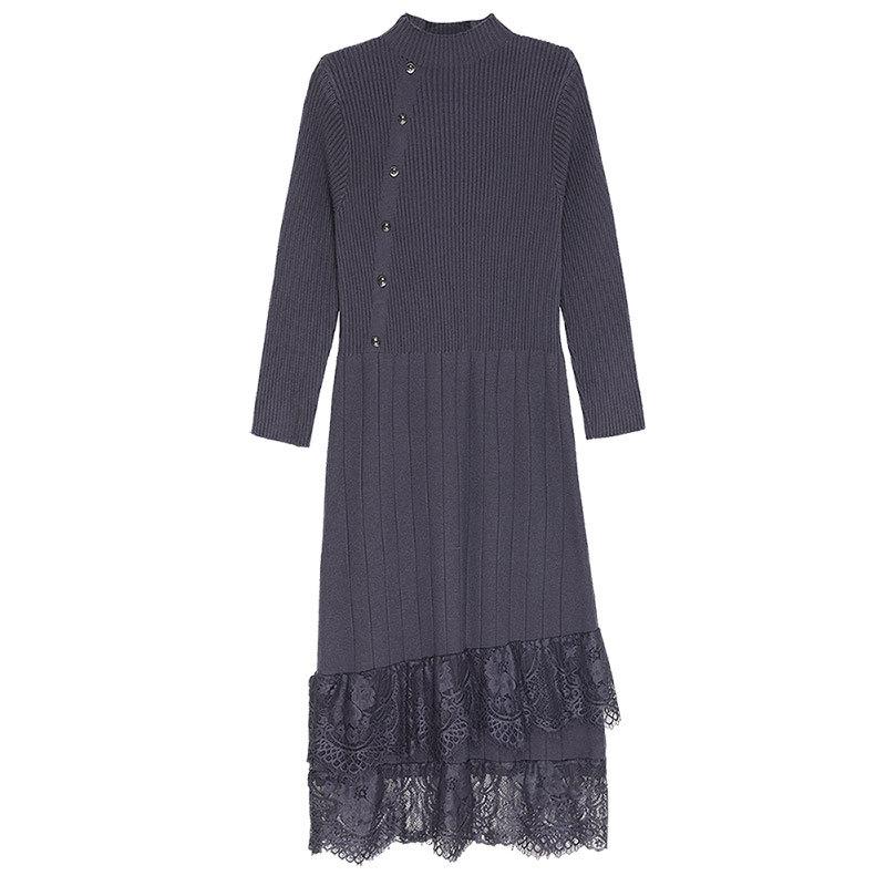 Knitted Dress for Women In Autumn and Winter Lace Long Sweater Slimming Solid Color Sweater Dress