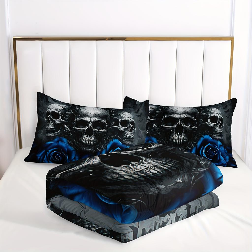 3pc Skull Bedding Set Goth Bedding Sets Queen size King size With  Rose Halloween Skull Bed Blue Black Duvet Cover