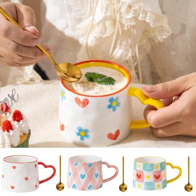 300ML Ceramic Mug with Spoon Cute Ins Style Hand-Painted Love Heart Coffee Breakfast Milk Tea Mug Festival Cups Wedding Gift