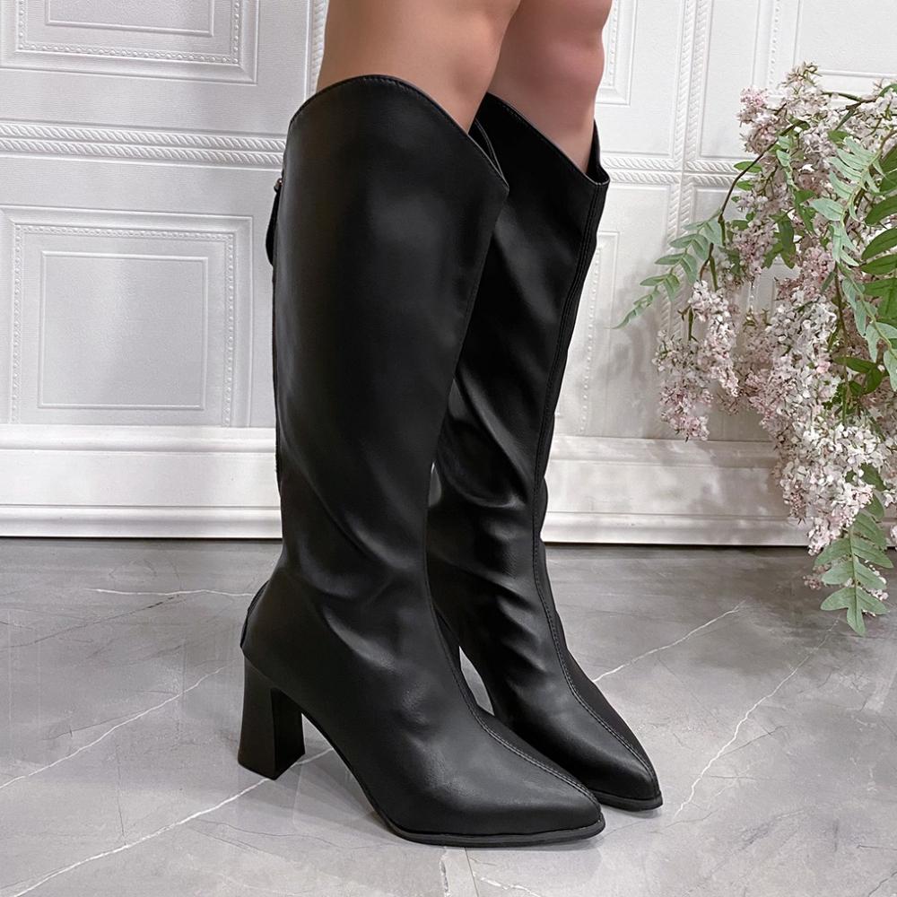 New Women Boots Zipper Thick High Heels Simple Thick High Heels Autumn Winter Sexy Elegant Knee High Women'S Boots