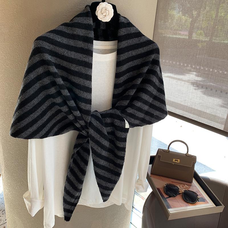 Women Striped Wool Triangle Knit Shawl Warm Winter Outerwear Wrap