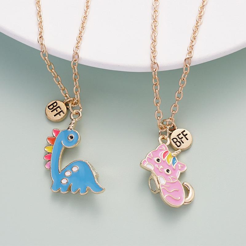 Pink & Blue Kitten Magnetic BFF Necklace Set – Cartoon Alloy Drip Oil Charm