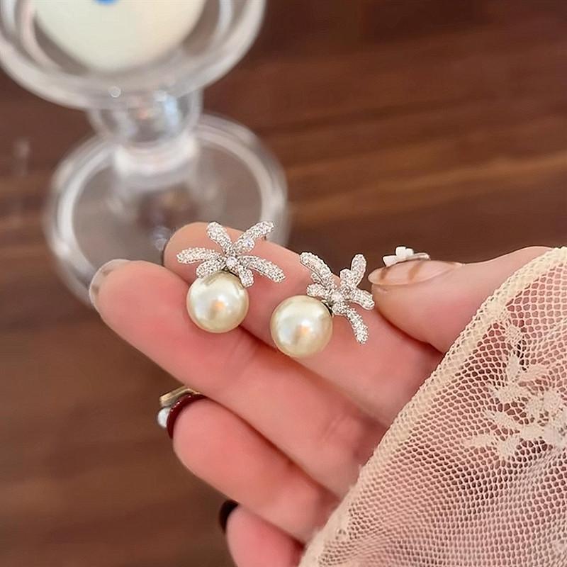 Zircon flower pearl stud earrings retro elegance temperament versatile earrings earrings women