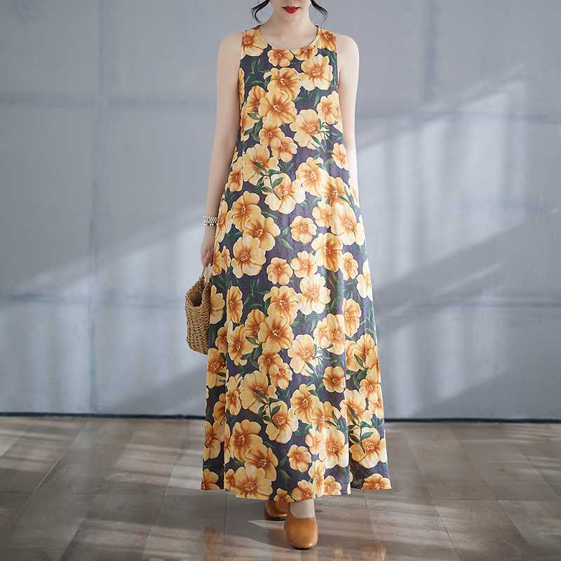 Women's Long Skirt Summer New Round Neck Printed Dress