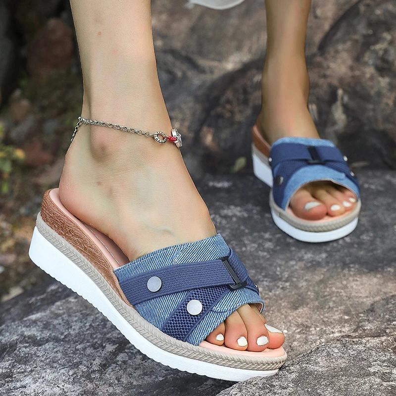 Fashion Fashion Denim Wedge Heel Slippers Women 2025 Summer Thick Sole Slip On Beach Sandals Woman Lightweight Non Slip Casual Slippers