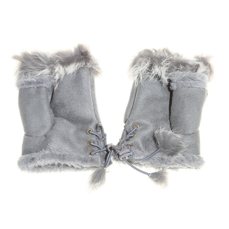 High Quality Half Finger Female Gloves Cute Plush Leather Gloves Faux Rabbit Hair Wrist Fingerless Mittens For Women