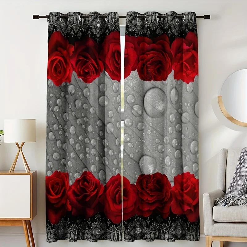 Modern Romantic Floral Printed Curtains Rose Thin Fiber Fashion Printed Curtain Bedroom Kitchen Living Room Home Decor 2 Panels