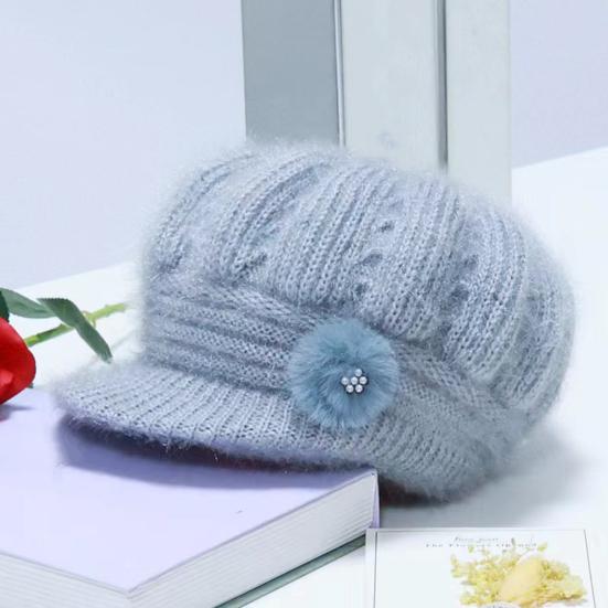 Women Knitting Hat Extended Brim Thickened Plush Winter Hat Solid Color Flower Decor Warm Hat Fashion Accessories