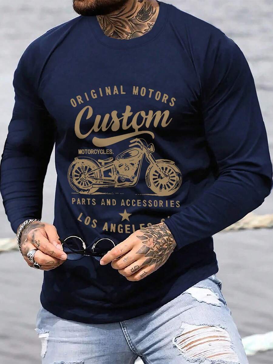 Men s Casual Round Neck Letter Print Long Sleeve Motorcycle T-Shirt S