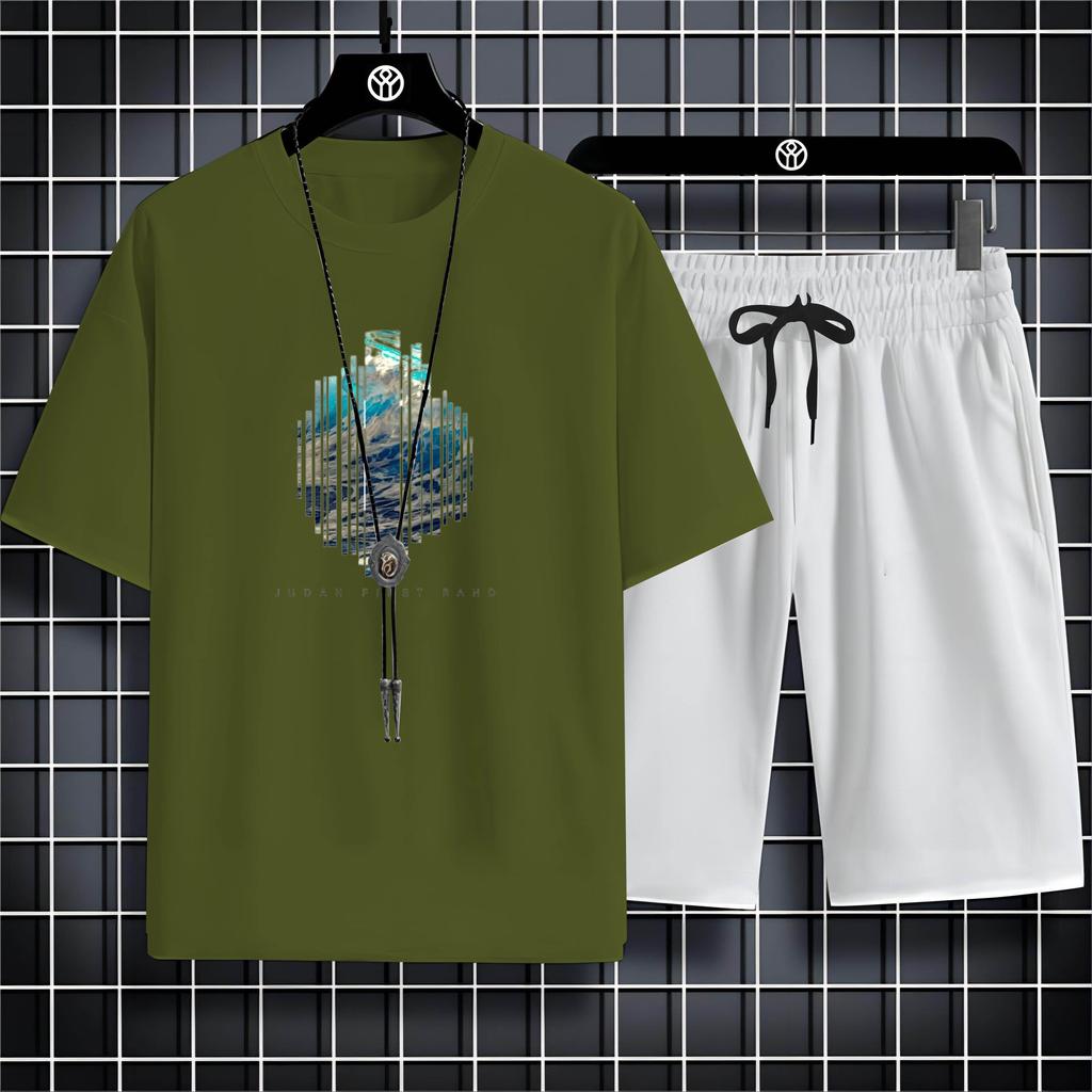 Fashion Four Seasons Casual Sports Style 2d Letter Print Adult Men'S Round Neck Loose Short Sleeve T-Shirt Trouser Set Quick Dry