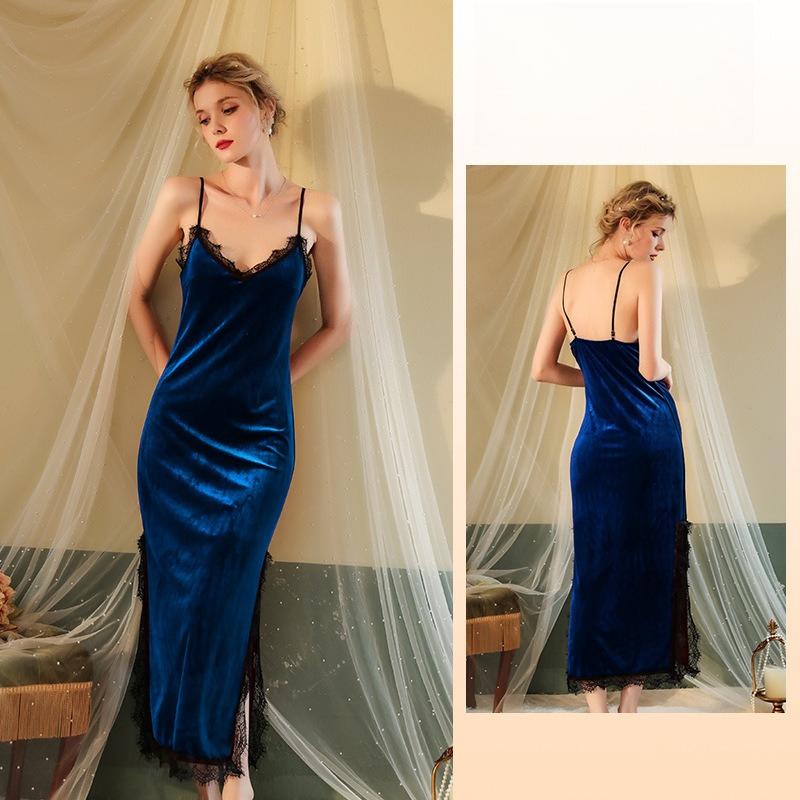 Seksowna Koronkowa Aksamitna Sukienka Cami Vintage Elegancka z Wysokim Rozcięciem Koszula Nocna Przyjazna dla Skóry Odzież do Domu 137 Luksusowa Ponadczasowa Bielizna Nocna Idealna na Zimne Nocne