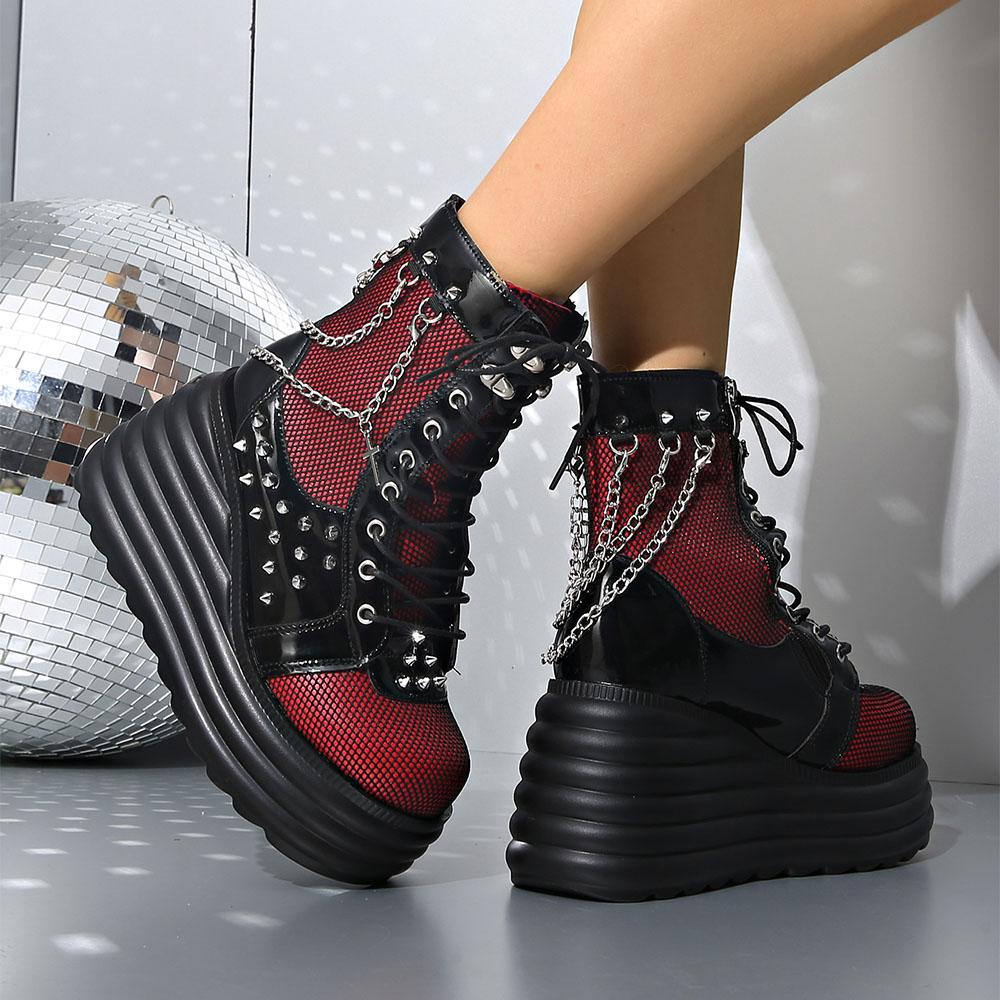 Gothic Y2k Women Ankle Punk Wedges High top Heels Platform Stacked Sole Metal Rivet Chain Decor Short For Woman Autumn W