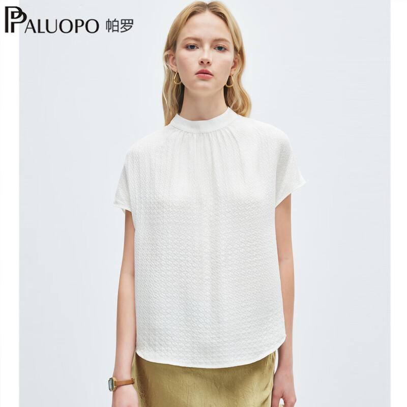 

PALUOPO Women s Jacquard Silk Semi-High Neck Short Sleeve Top L 165/88A