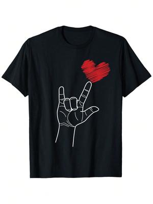 2D I Love You Gesture Heart-Shaped unisex'S T-Shirt Suitable For All Seasons, Casual Wear, Crew Neck, Printed Design, Slight Stretch Fabric