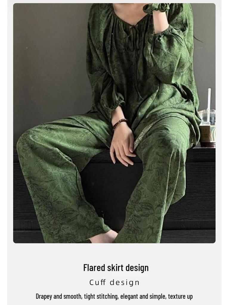 2025 Women's Lyocell-Cotton Pajama Set: Round Neck, Long Sleeve, Thin Pants, Simple Print
