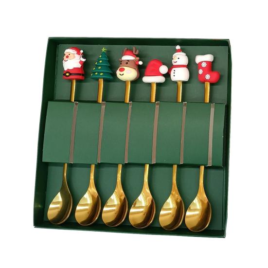 Nerezová vánoční sada lžiček s motivem stromku, Santa Clause a hvězdy, lžičky na míchání kávy, slavnostní kuchyňské náčiní s dárkovou krabičkou