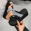 Fashion Platform Big Rhinestone Clip Toe Sandals Women Summer 2025 Wedge Heels Silver Glitter Strap Slides Woman Fashion Beach Slippers
