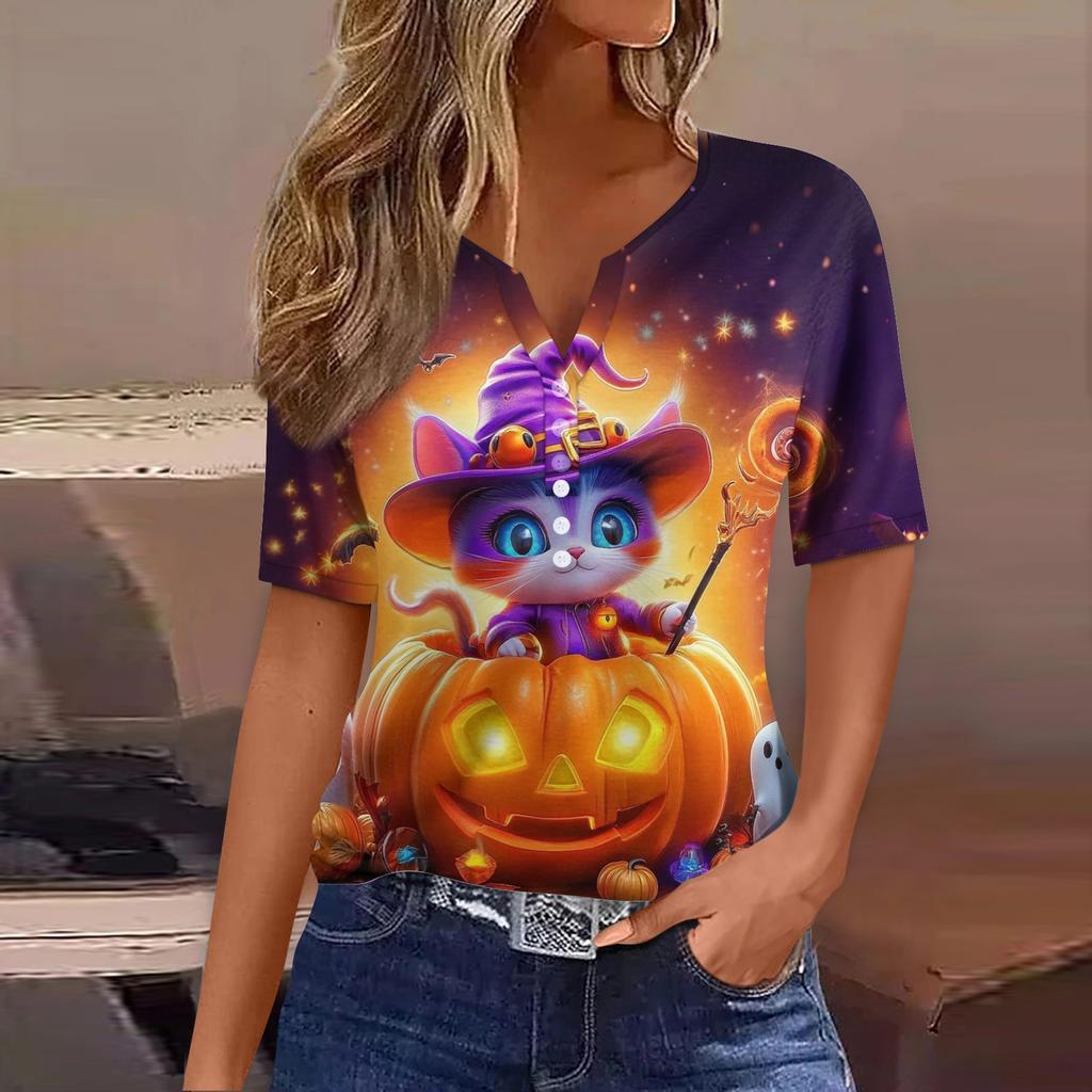 Dames T-skjorte Tee Halloween Trykket Knapp Kortermet Tunika Daglig Helgemote Basic V-hals Vanlig Topp