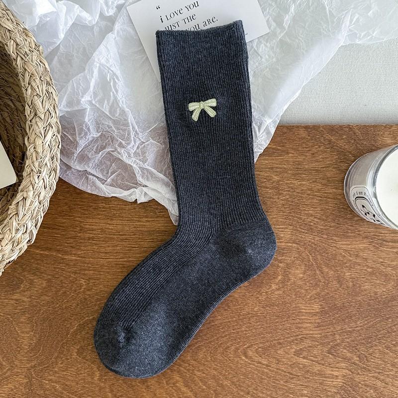 Embroidered Bow Socks Stacking Socks Season Pure Cotton Boneless Double Needle Cute Cotton Medium Tube Socks Women