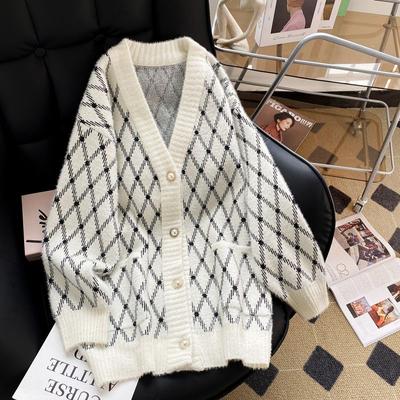 Cardigan Female 2023 Autumn/Winter New Diamond Plaid Vintage Mink Knitted Top Casual Western Style Cardigan Sweater Female Coat