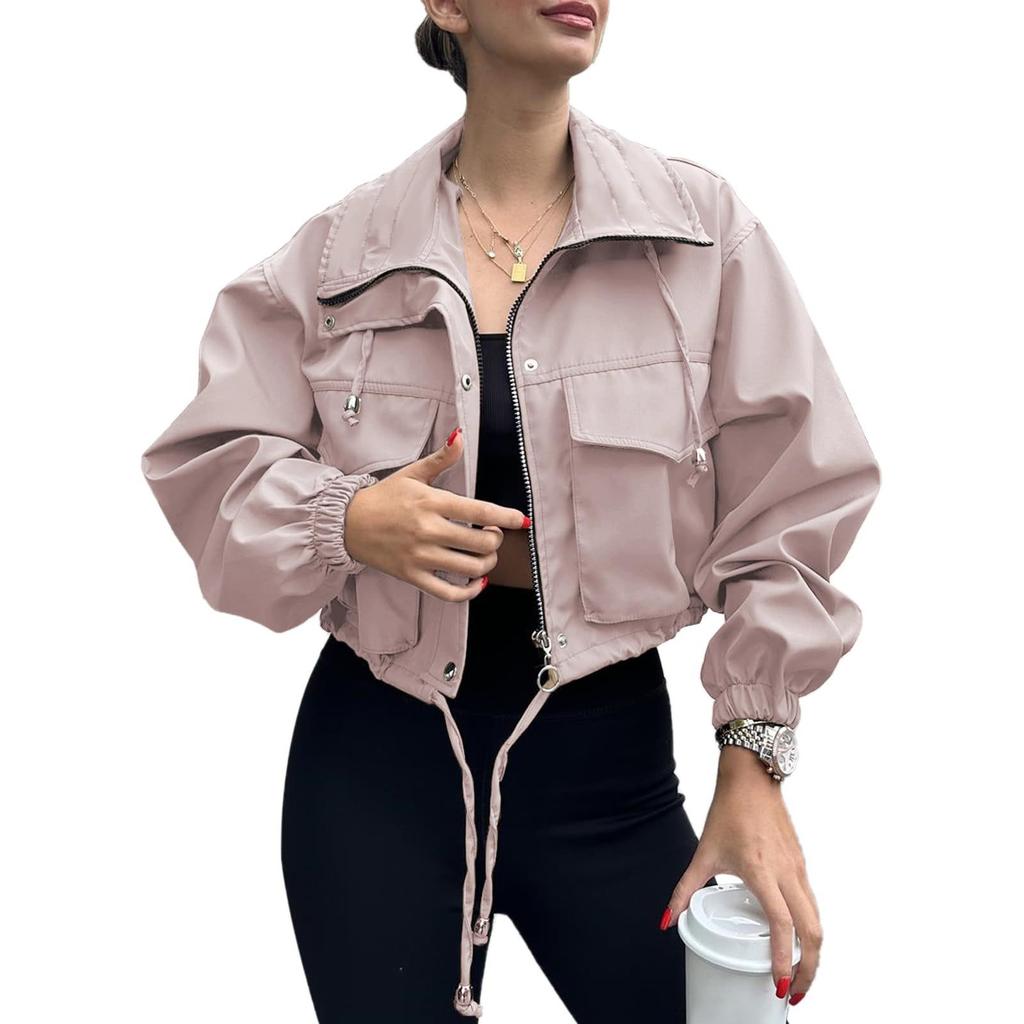 Women's Fashionable Solid Color Long Sleeved Pocket Short Jacket With Zipper Windbreaker Jacket