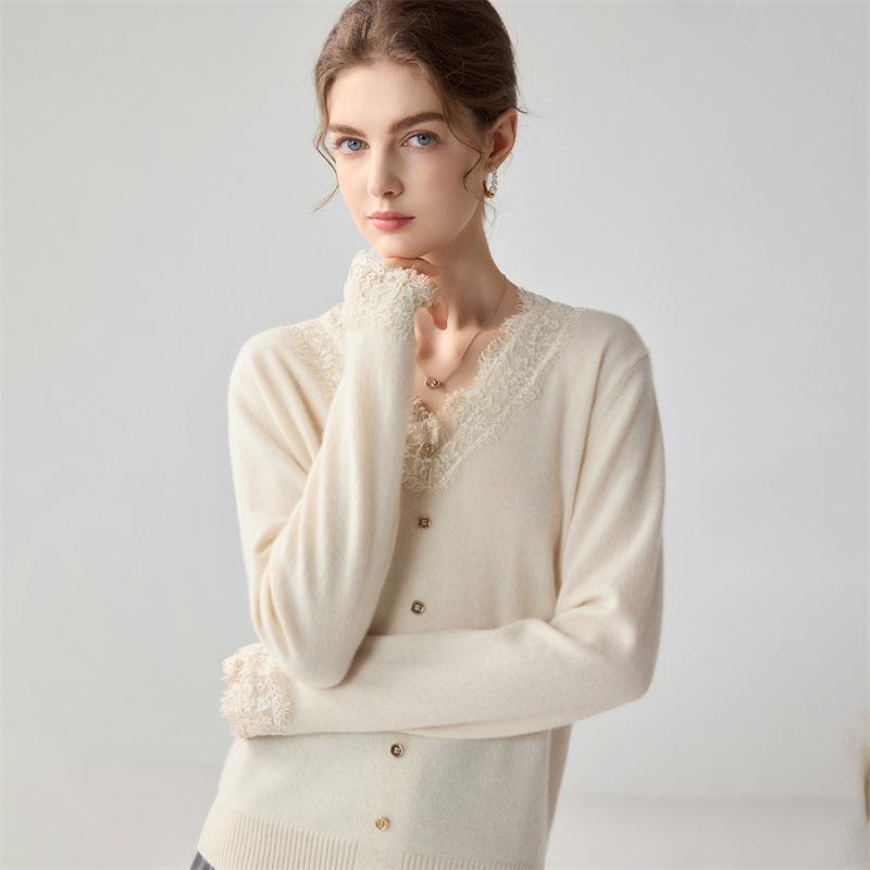 Lekasha Women's Cashmere Knitted Lace Sweater with Loose Elegant Collar