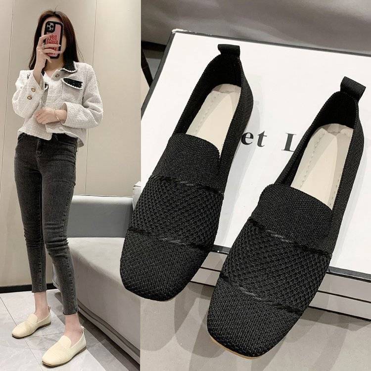 Women's Shoes Woven Square Head Soft Sole Doudou Shoes 2025 Spring and Summer New Small Fragrant Wind Flying Weaving Light Mouth Breathable One Pedal