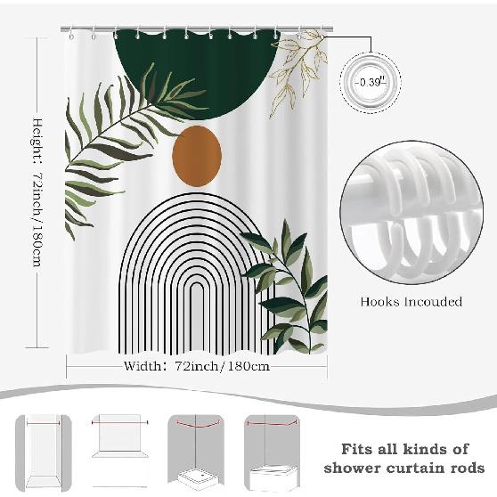 Boho Mid Century Shower Curtain,Sage Green Leaves Abstract Geometric Shower Curta for Bathroom Waterproof Fabric Bathroom Shower Curtain Set with
