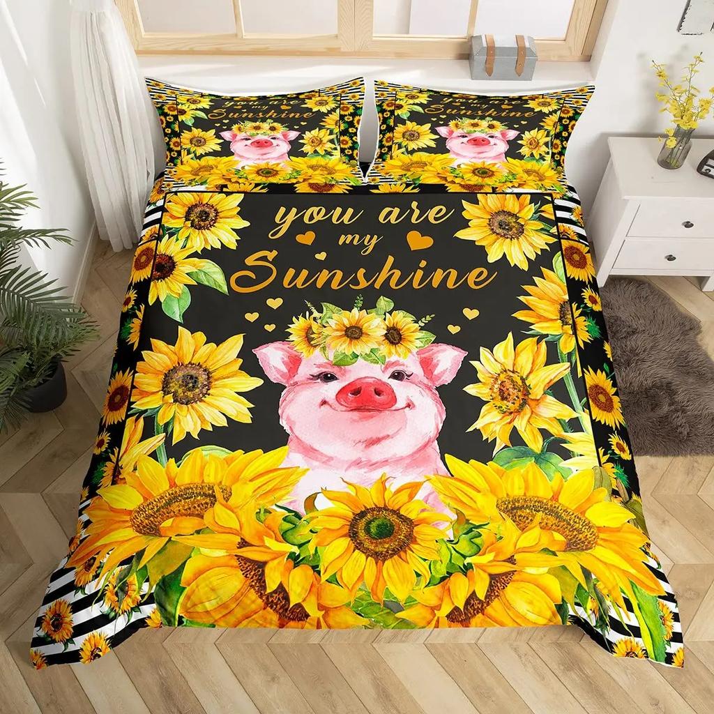 Cute Pig Duvet Cover Set For GirlsSunflowers Florals Comforter Cover Pink Grid Lattice Plaid Bedding Sets Quilt Cover Full Size