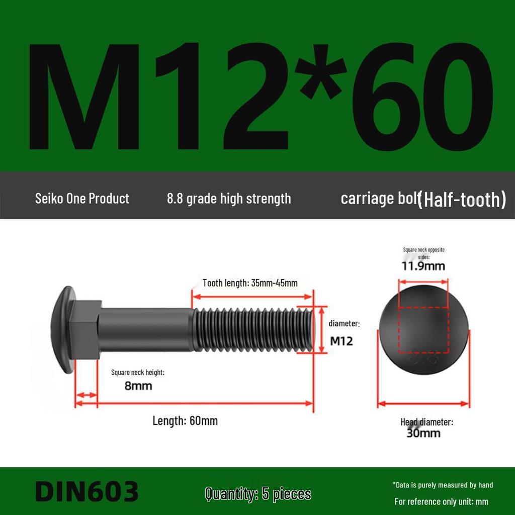 High-Strength Grade 8.8 Carriage Bolts: Round Head, Square Neck, M6-M16 Sizes for Shelf and Bridge Frames