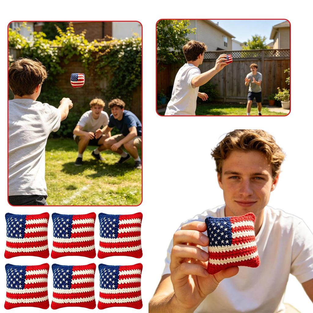 Set of 6 American Flag Pattern Crochet Bean Bag Toss Toys Durable Soft Fabric Square Shape for Indoor Outdoor Games