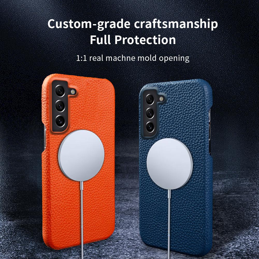 For Samsung Galaxy S21 FE 5G Litchi Texture Magnetic Case Genuine Cow Leather Coated PC Shockproof Phone Cover