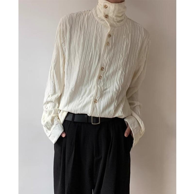 Men's French Style Vintage Pleated High Collar Button Up Shirt Spring Autumn Harajuku Solid Long Sleeve Loose
