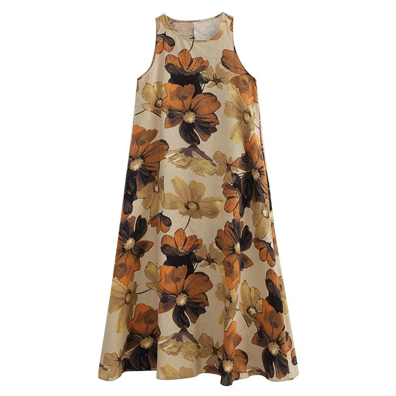 QICED Abito lungo boho semplice ed elegante estivo Plus Abito MIDI stampato senza maniche con scollo rotondo