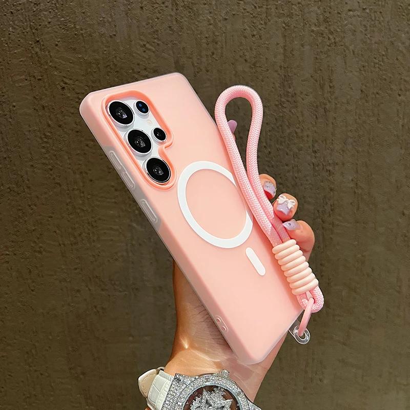 Case For Samsung Galaxy S25 S24 S23 S22 Ultra Plus S25Edge S25FE S24FE A17 Candy Color Matte For Magsafe With Lanyard Soft Cover