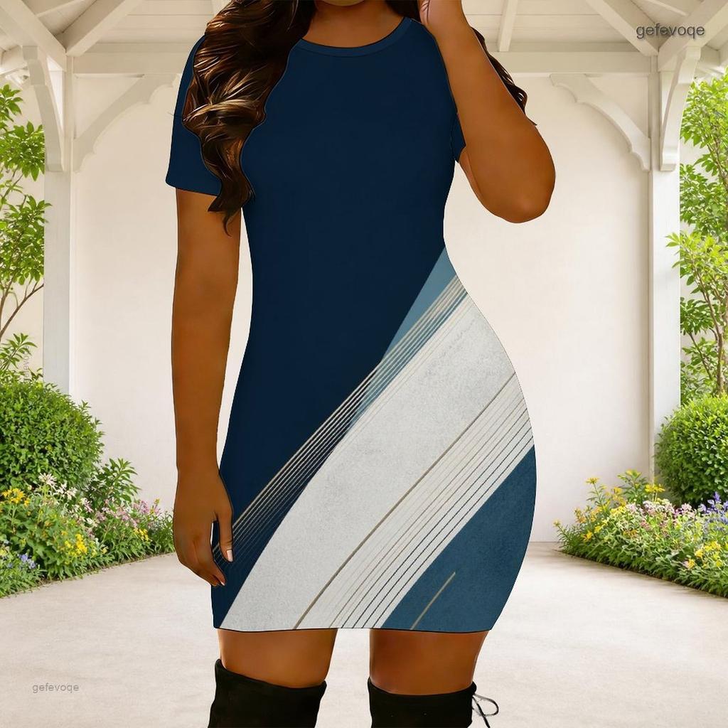 Women Plus Size Round Neck Short Sleeve Geometric Printed Fitted Mini Dress Black White Orange
