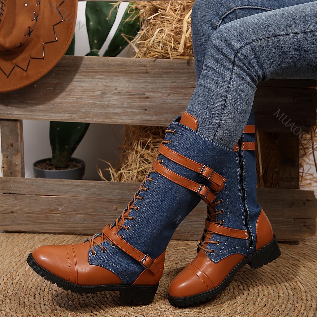 Fashion Autumn and Winter New Colorblocking Leather Boots for Women Round Head Belt Buckle Lace-up Thick Heel Mid-calf Knight Boots