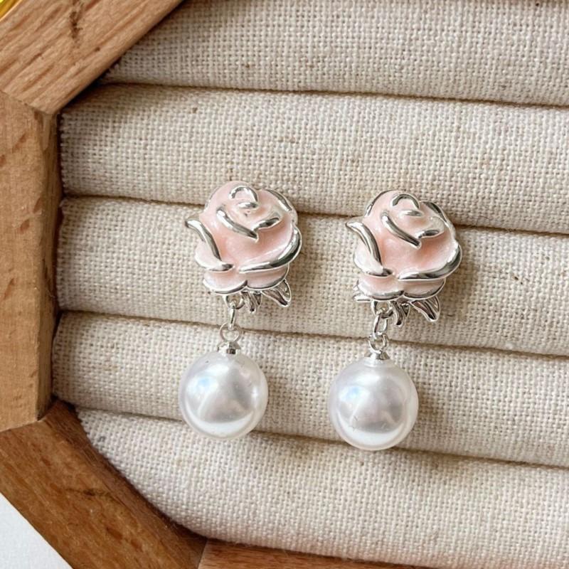 

PANJBJ 925 Sterling Silve Rose Pearl Drop Earring for Women Drip Glaze Elegant Temperament Jewelry Banquet Gift Dropshipping