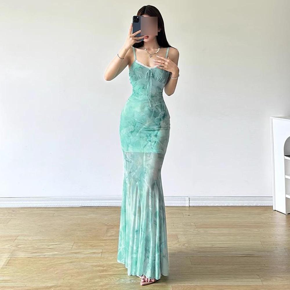 2025 Mint Green Print Mesh Seaside Vacation Dress Cold Spice Girl Slim Fit with Suspenders Fishtail Dress