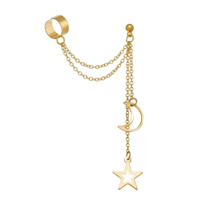 

Vintage Pendant Metal Dangle Earrings With Long Chain Ear Clip For Women Star Moon Earring Jewelry A1