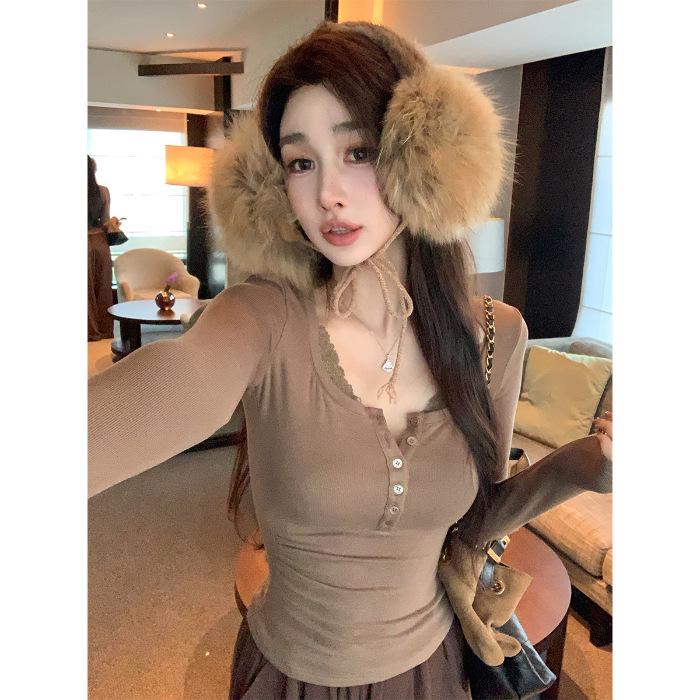 Brushed Cotton Lace Trim Long Sleeve Slim Fit Base Layer Top Large кофейный