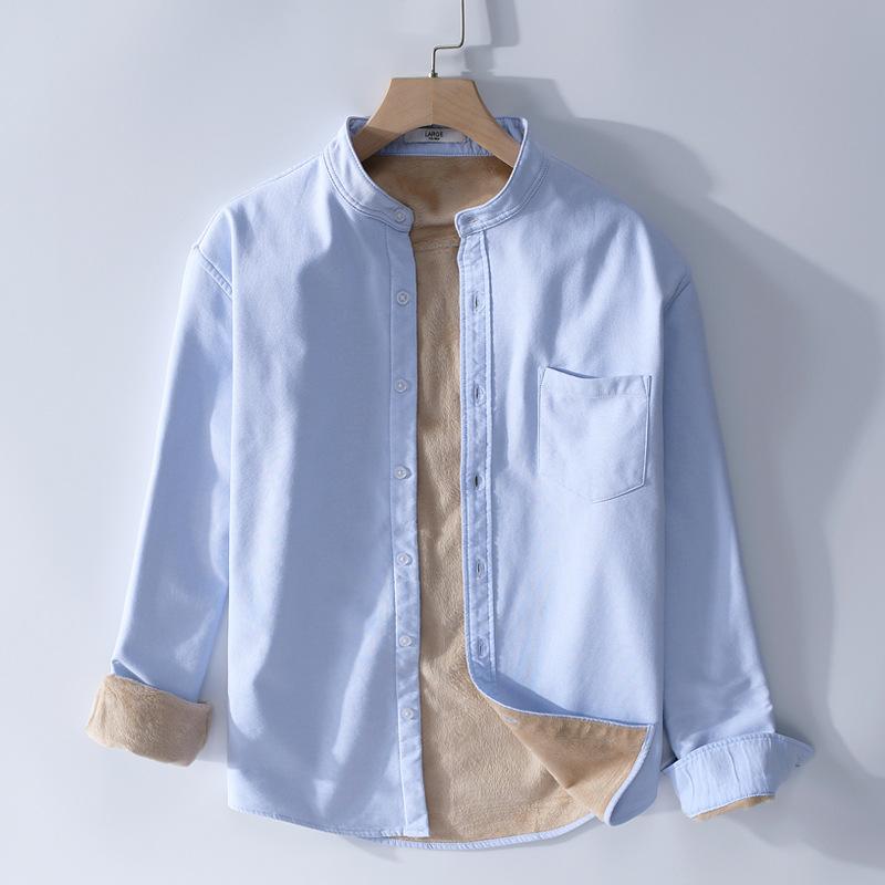 Winter Warme Herrenbekleidung Koreanischer Stil Langarm Oxfordhemden für Herren Täglich Lässig Stehkragen Einfarbig Fleecehemd mit Tasche