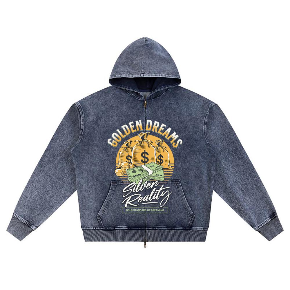 DTG-trykk Strikket Denim Zip-Up Hettegenser Golden Dreams Brother-trykk Hettegensere med glidelås