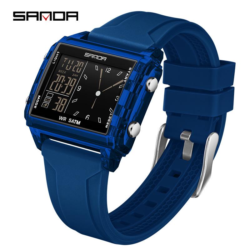 Sanda Waterproof Luminous Sports Watch: Square, Transparent Timer for Students