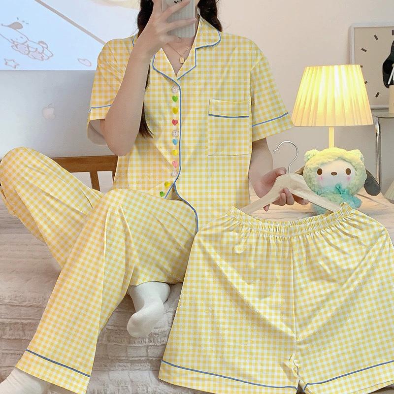 Cute Plaid Love Embroidered Pajamas Women'S Spring Summer Short-Sleeved Three-Piece Student Loungewear