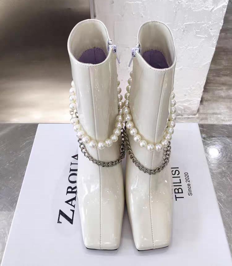 Aphixta 7.5cm High Heel Ankle Boots Square Toe Luxury Pearl Metal Chain Dec Patent Leather Women Shoes Elegant Ankle Boots
