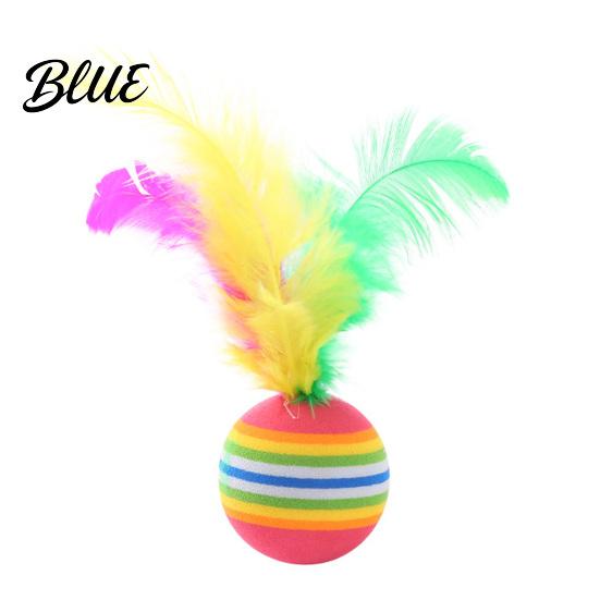 Foam Cat Toy Colorful Striped Ball, Soft Ball with Feathers, Quiet Feather Interactive for Indoor Cats Kittens Kitten Play