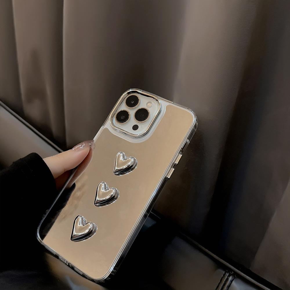 Metallic 3D Heart 17 Case for iPhone 11, 15 Pro Max, 16, 14 - Light Luxury Style, Mirror Finish, Trendy