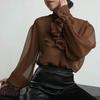 Top in chiffon color albicocca stile retrò francese, vento delicato, design con senso estetico, bordo arricciato, camicia a maniche lunghe versatile per il commuting, temperamento