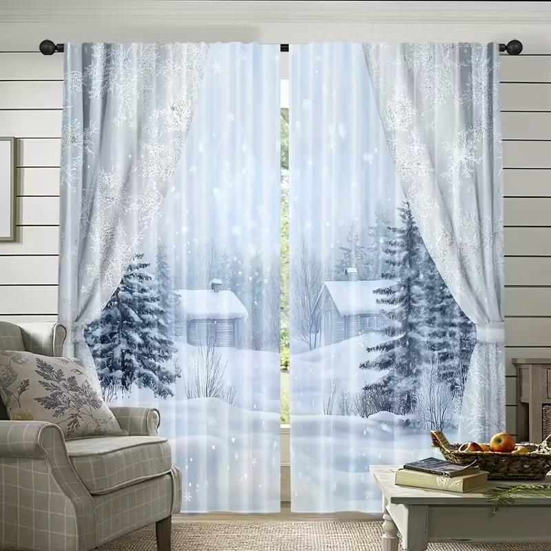 Set Of 2 Snowflake Winter Cabin Curtains Sheer Polyester Christmas Holiday Cozy Window Decor Living Room Bedroom Curtain With Perfect For Area